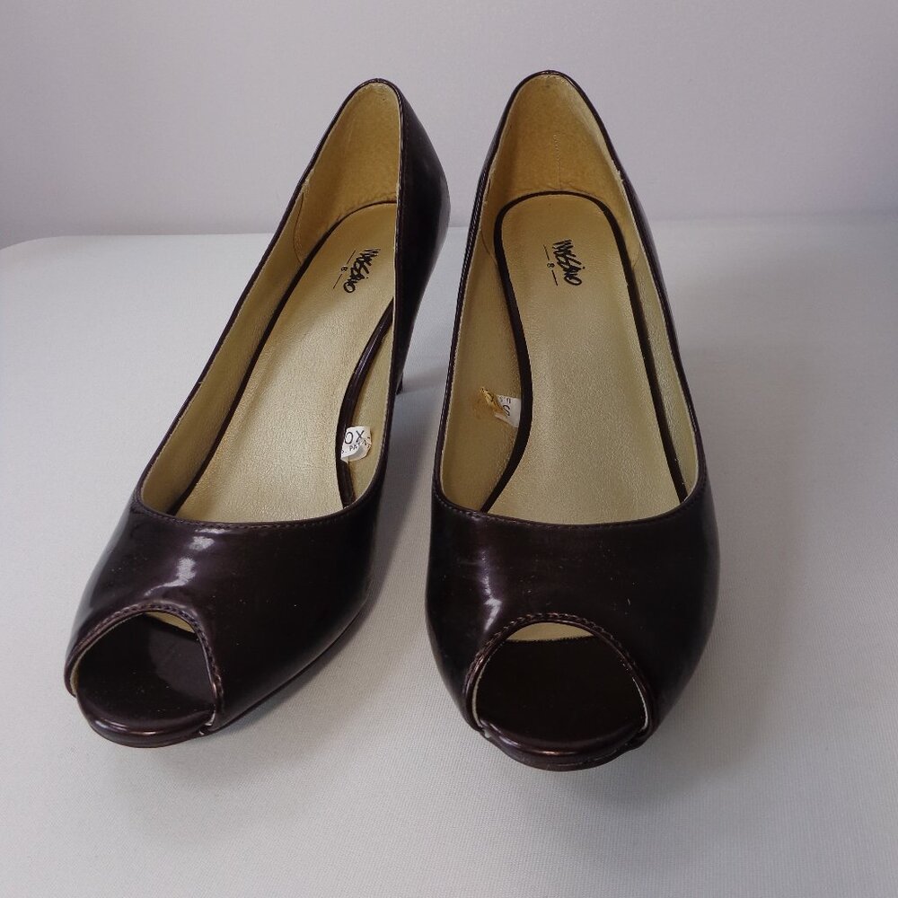 Mossimo‎ Women’s Shiny Brown Mid Heel Peep-Toe Pumps Heels Shoes Size 8